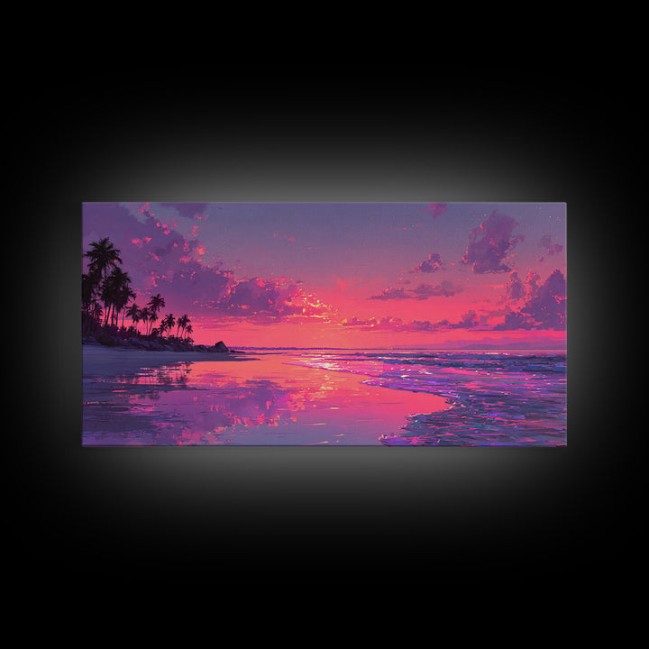 Peaceful Pink Sunset At Tropical Beach Ocean Landscape Wall Art Framed Canvas Print Coastal Home Decor