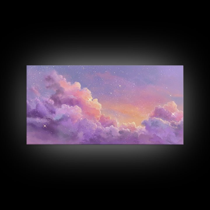 Purple Starry Clouds At Sunset Canvas Print, Dreamy Celestial Wall Decor, Pastel Sky Bedroom Art, Whimsical Room Decor Gift