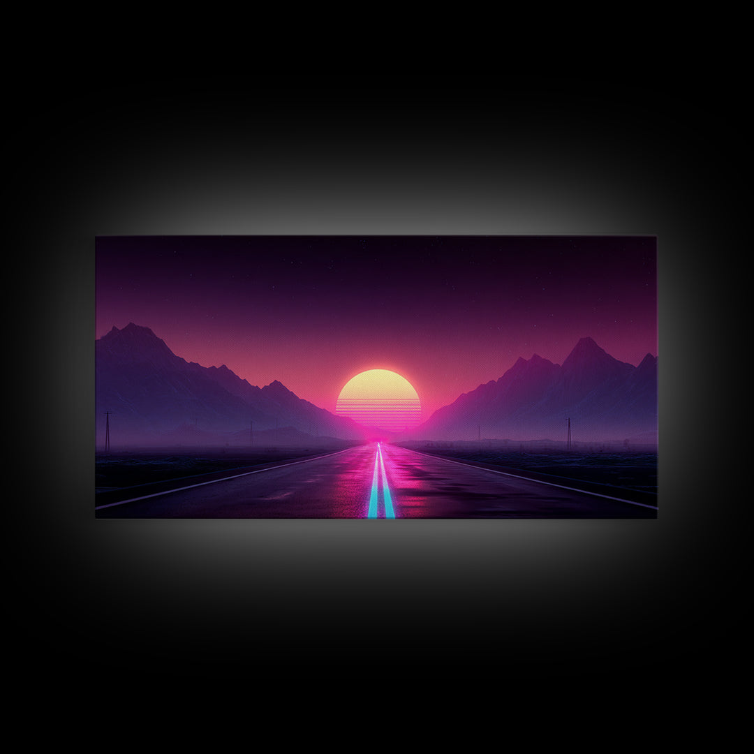 Surreal Sunset Road Landscape Featuring Mountains And Vibrant Sky Framed Canvas Print Modern Wall Art For Living Room