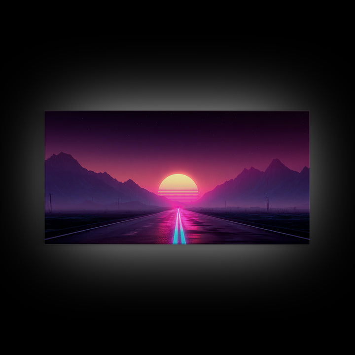 Surreal Sunset Road Landscape Featuring Mountains And Vibrant Sky Framed Canvas Print Modern Wall Art For Living Room