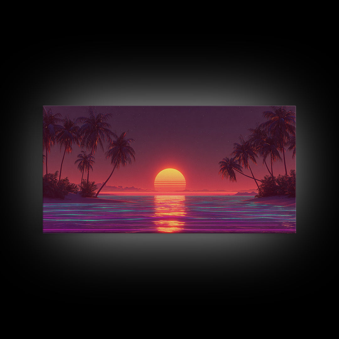 Vibrant Neon Red Sunset Over Ocean With Palm Trees Canvas Print Colorful Coastal Wall Art Tropical Beach Decor