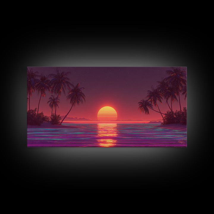 Vibrant Neon Red Sunset Over Ocean With Palm Trees Canvas Print Colorful Coastal Wall Art Tropical Beach Decor