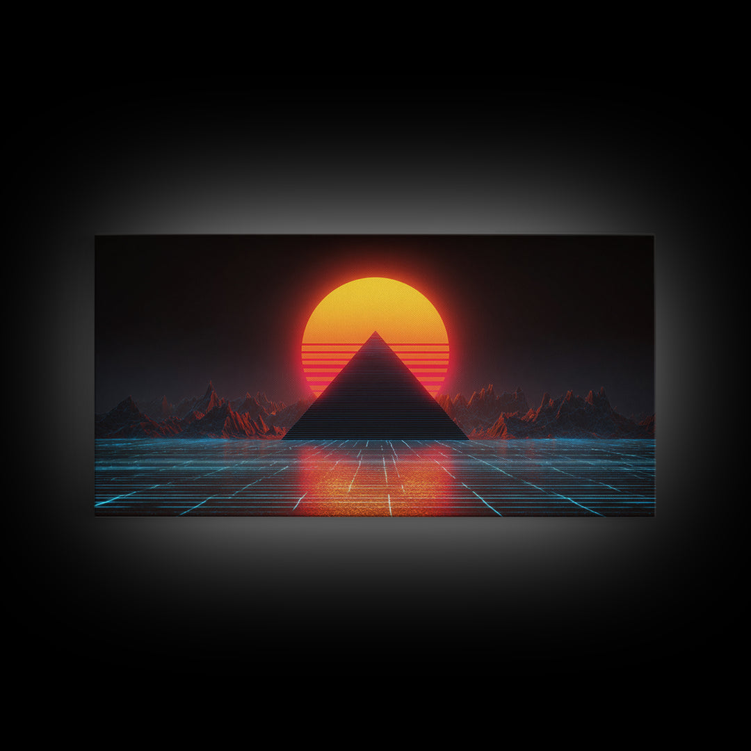 Retro Futuristic Neon Pyramid Sunset Sci Fi Digital Artwork Wall Art For Modern Home Office Decor Framed Canvas Print