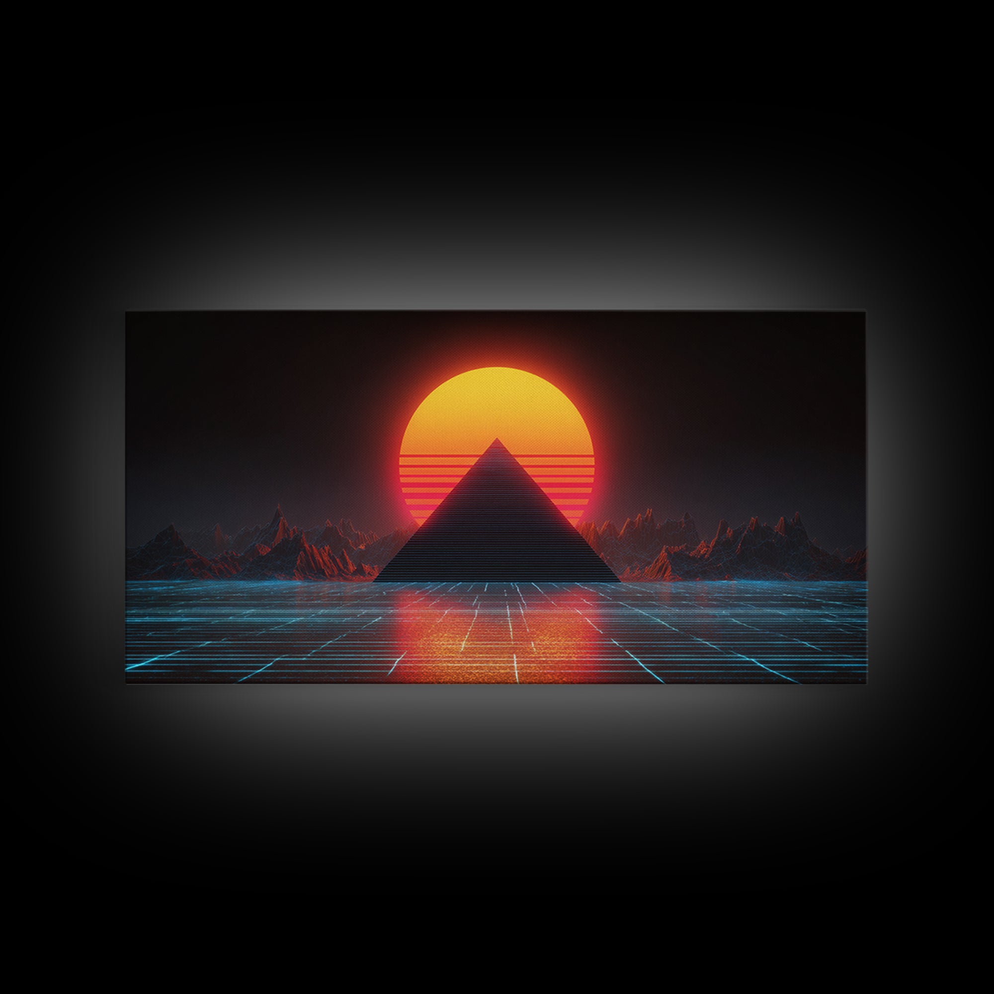 Retro Futuristic Neon Pyramid Sunset Sci Fi Digital Artwork Wall Art For Modern Home Office Decor Framed Canvas Print