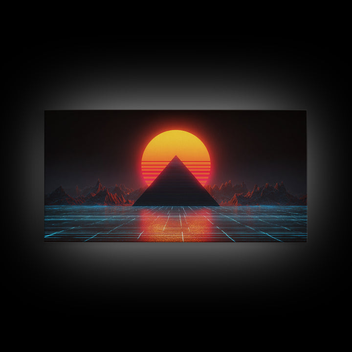 Retro Futuristic Neon Pyramid Sunset Sci Fi Digital Artwork Wall Art For Modern Home Office Decor Framed Canvas Print