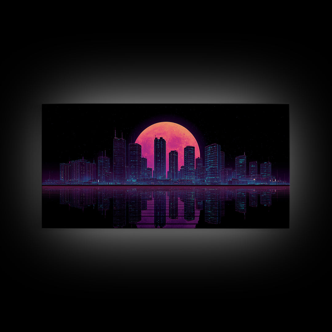 Futuristic Neon Cityscape Night Skyline With Pink Full Moon Canvas Print Urban Wall Art Print Decor