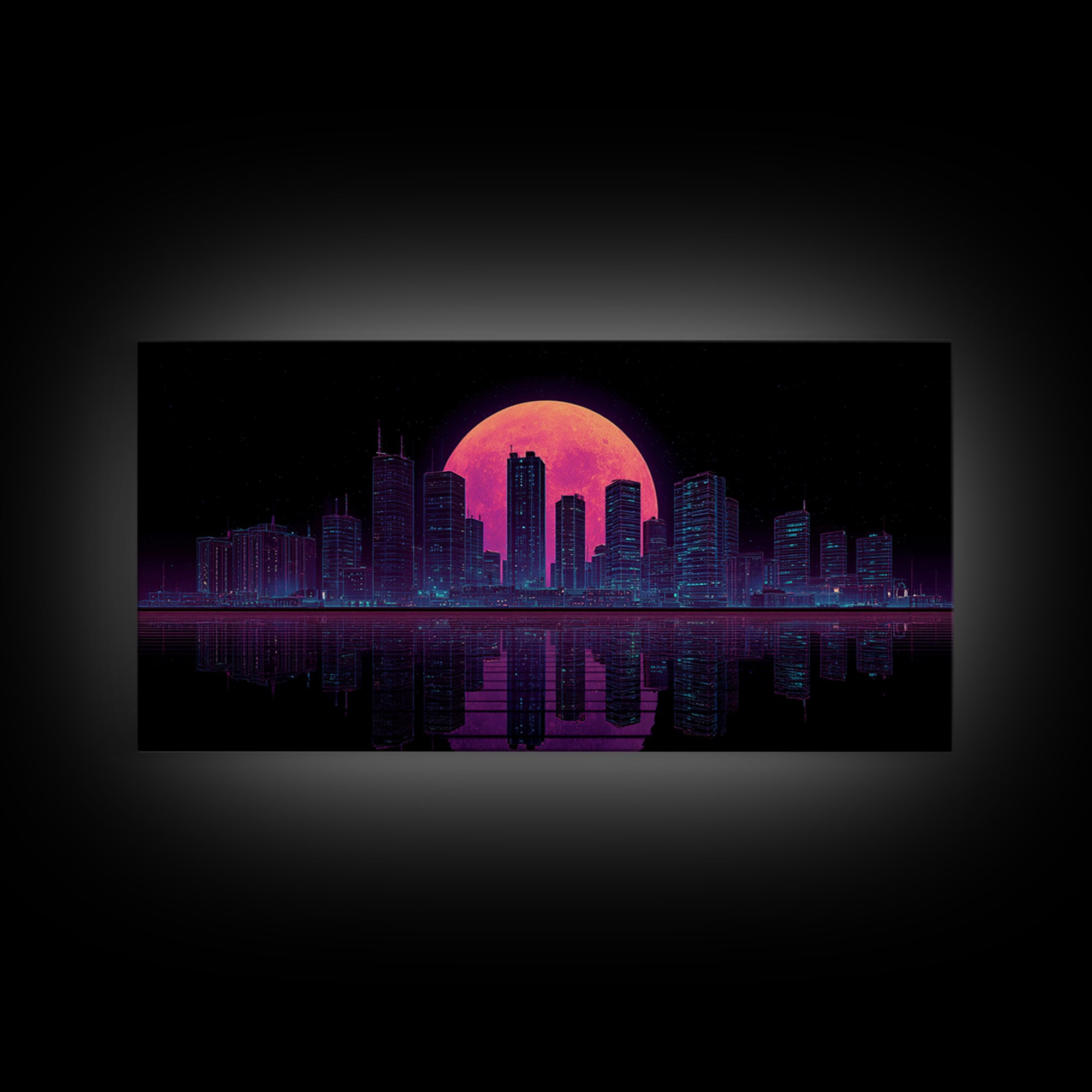 Futuristic Neon Cityscape Night Skyline With Pink Full Moon Canvas Print Urban Wall Art Print Decor