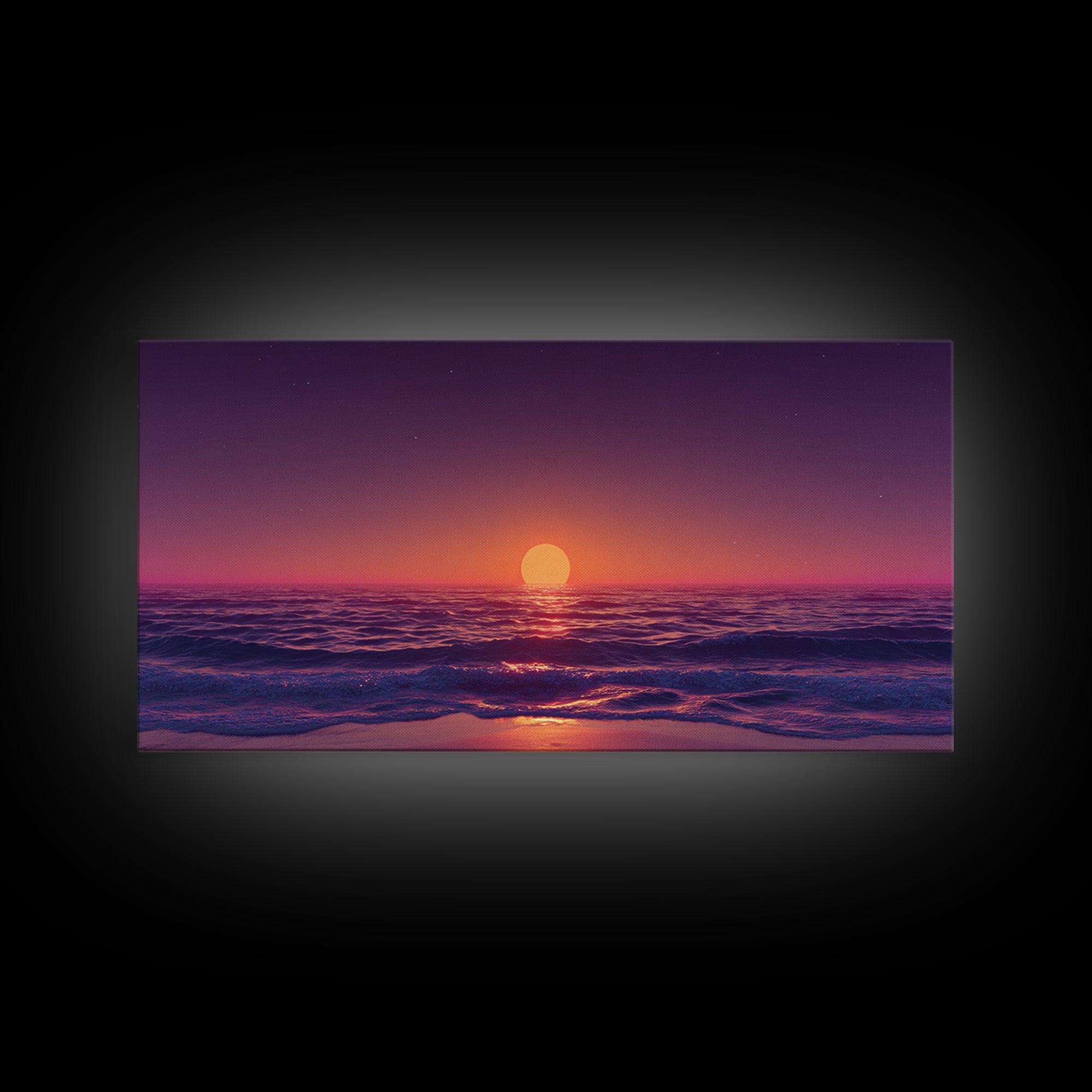 Vibrant Sunset Over Calm Ocean Waves With Pink And Purple Sky Beautiful Coastal Wall Art Framed Canvas Print For Bedroom Decor