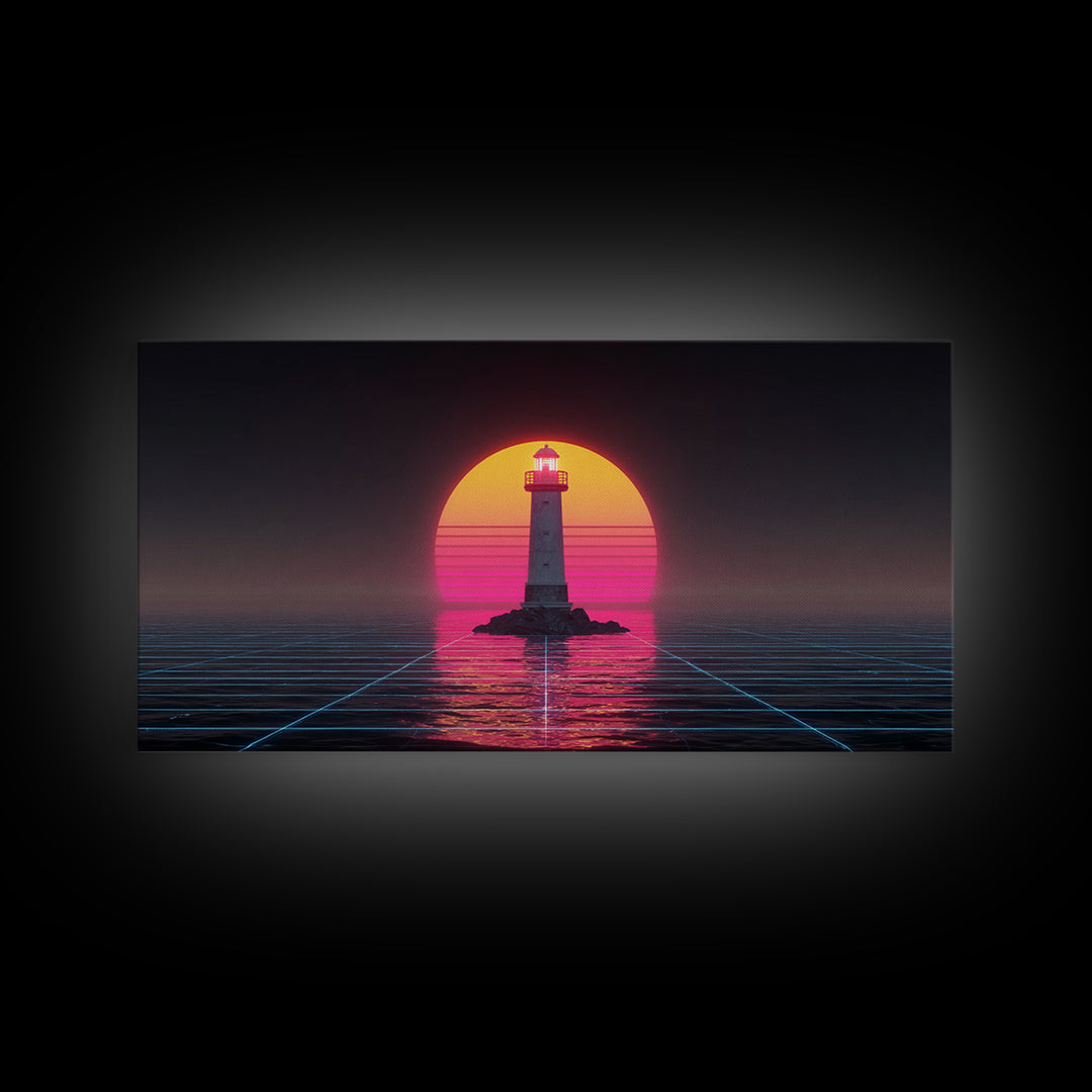 Retro Futuristic Neon Lighthouse Digital Painting Canvas Print Trendy Wall Art Modern Home Decor For Living Room And Office