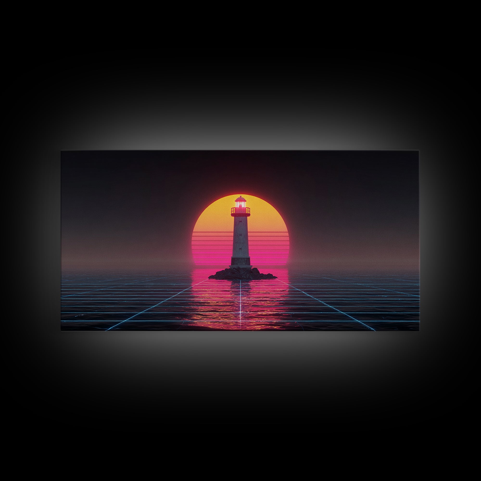 Retro Futuristic Neon Lighthouse Digital Painting Canvas Print Trendy Wall Art Modern Home Decor For Living Room And Office