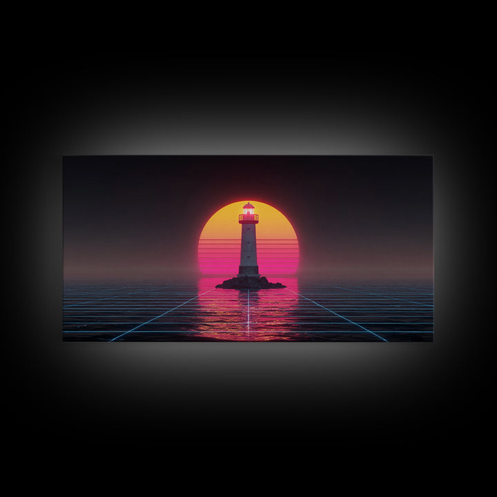 Retro Futuristic Neon Lighthouse Digital Painting Canvas Print Trendy Wall Art Modern Home Decor For Living Room And Office