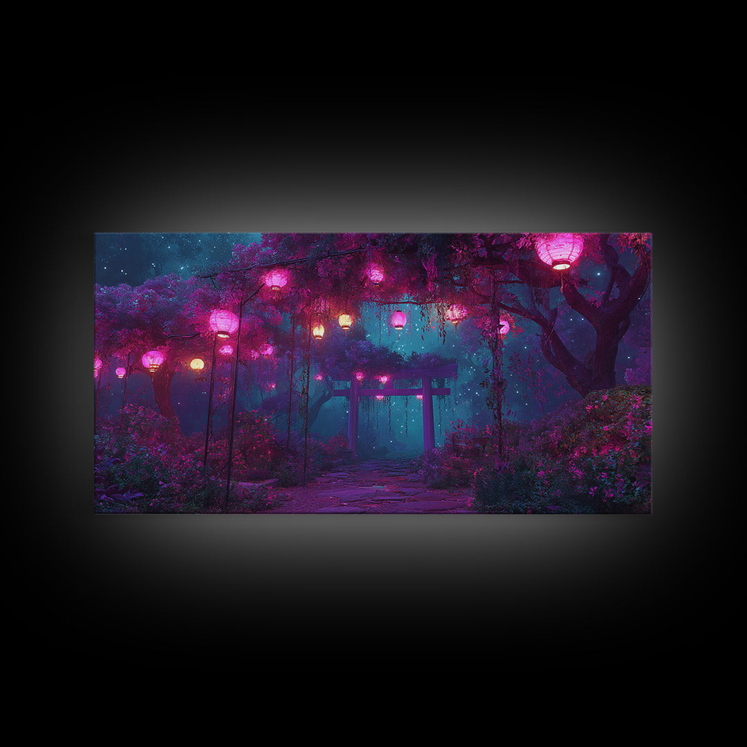 Tranquil Japanese Garden Pathway With Lanterns And Torii Gate At Night Atmospheric Wall Art Canvas Print