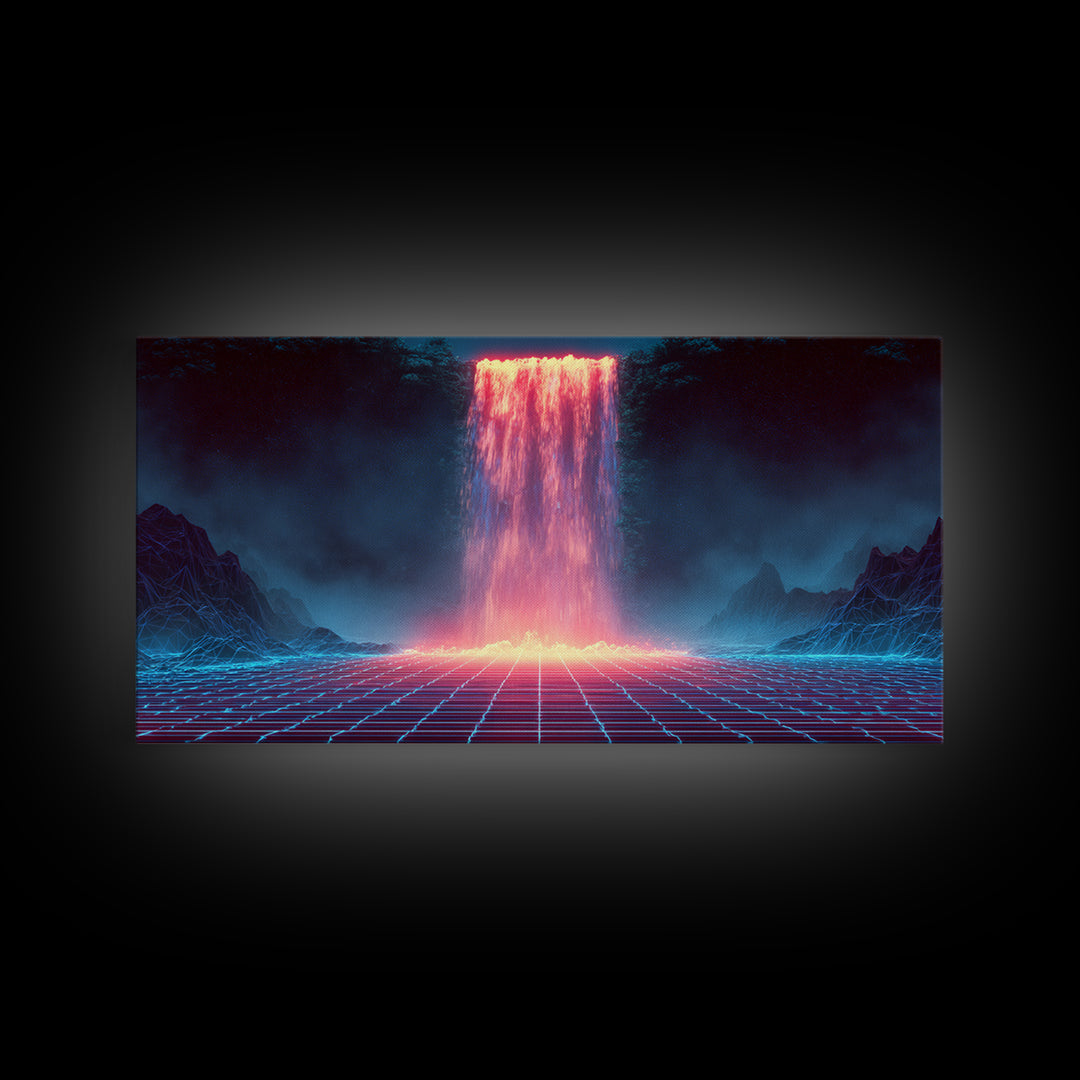 Glowing Neon Digital Waterfall With Futuristic Mountains Wall Art Framed Canvas Print Unique Modern Art Decor For Office Or Living Room