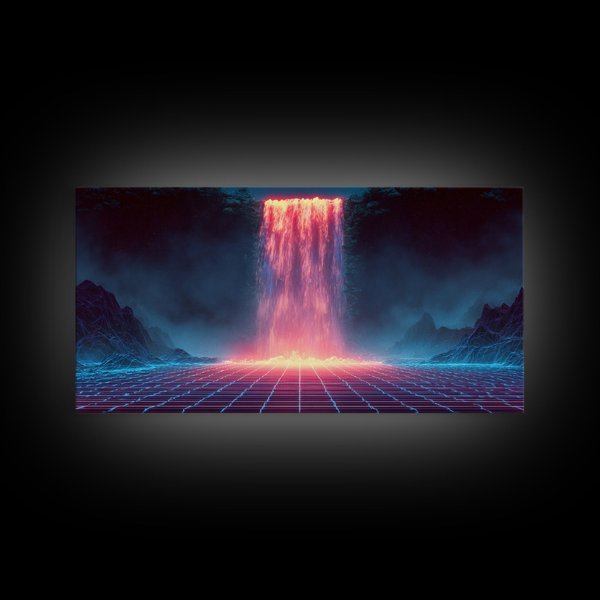 Glowing Neon Digital Waterfall With Futuristic Mountains Wall Art Framed Canvas Print Unique Modern Art Decor For Office Or Living Room