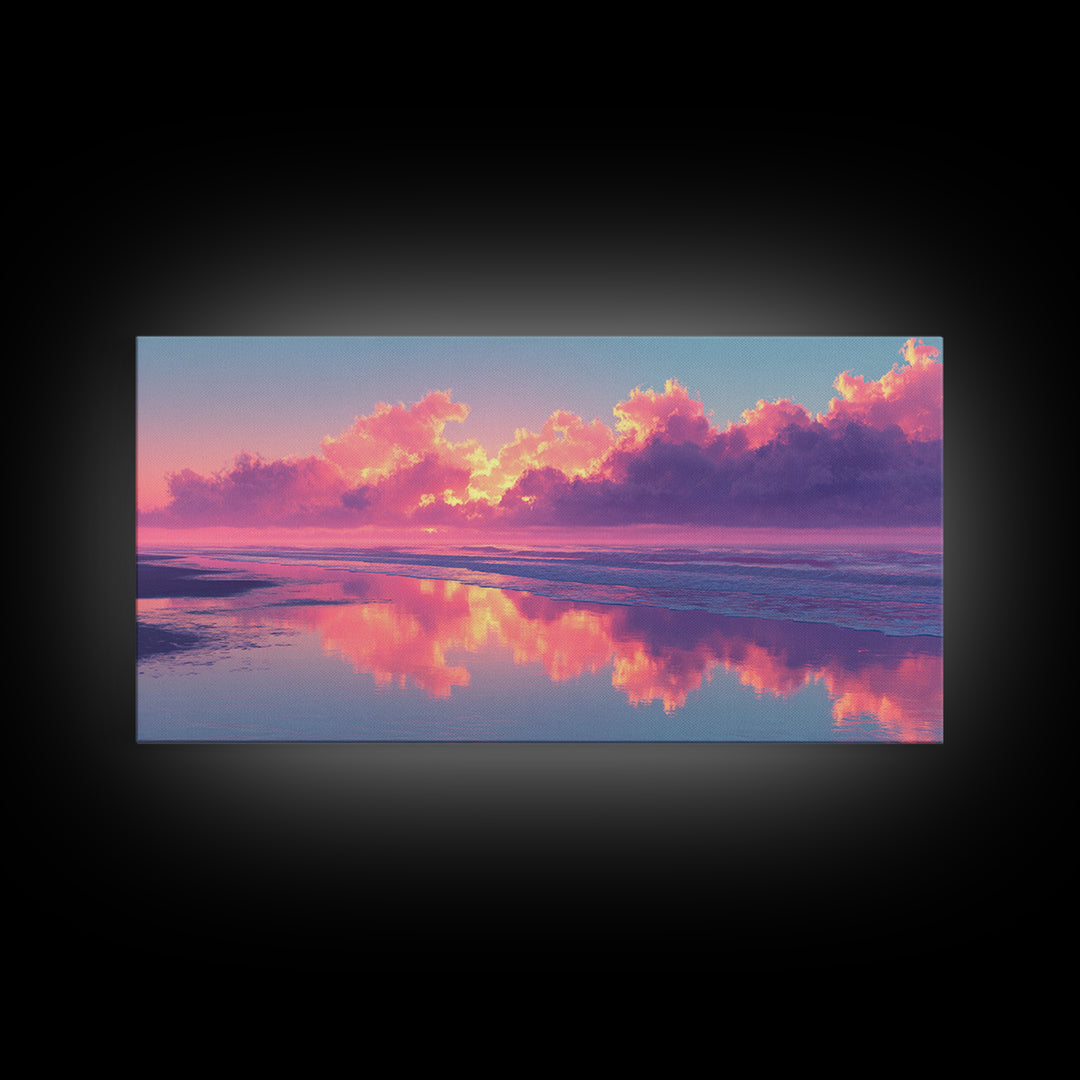 Surreal Pink Cloudy Beach Sunset Reflection Wall Art Framed Canvas Print For Living Room Home Decor Coastal Art