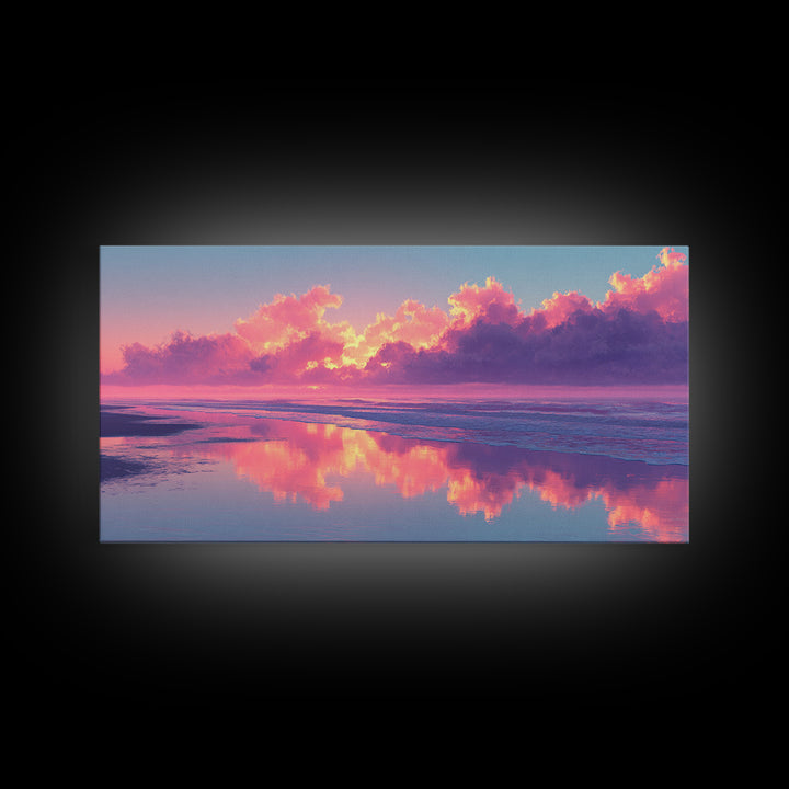 Surreal Pink Cloudy Beach Sunset Reflection Wall Art Framed Canvas Print For Living Room Home Decor Coastal Art