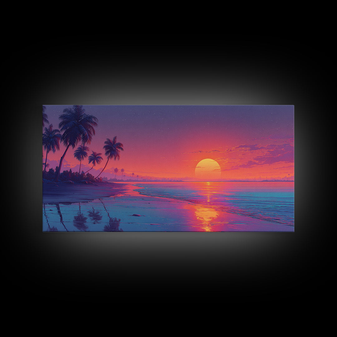 Serene Sunset Tropical Beach Landscape Digital Painting Large Wall Art For Living Room Framed Canvas