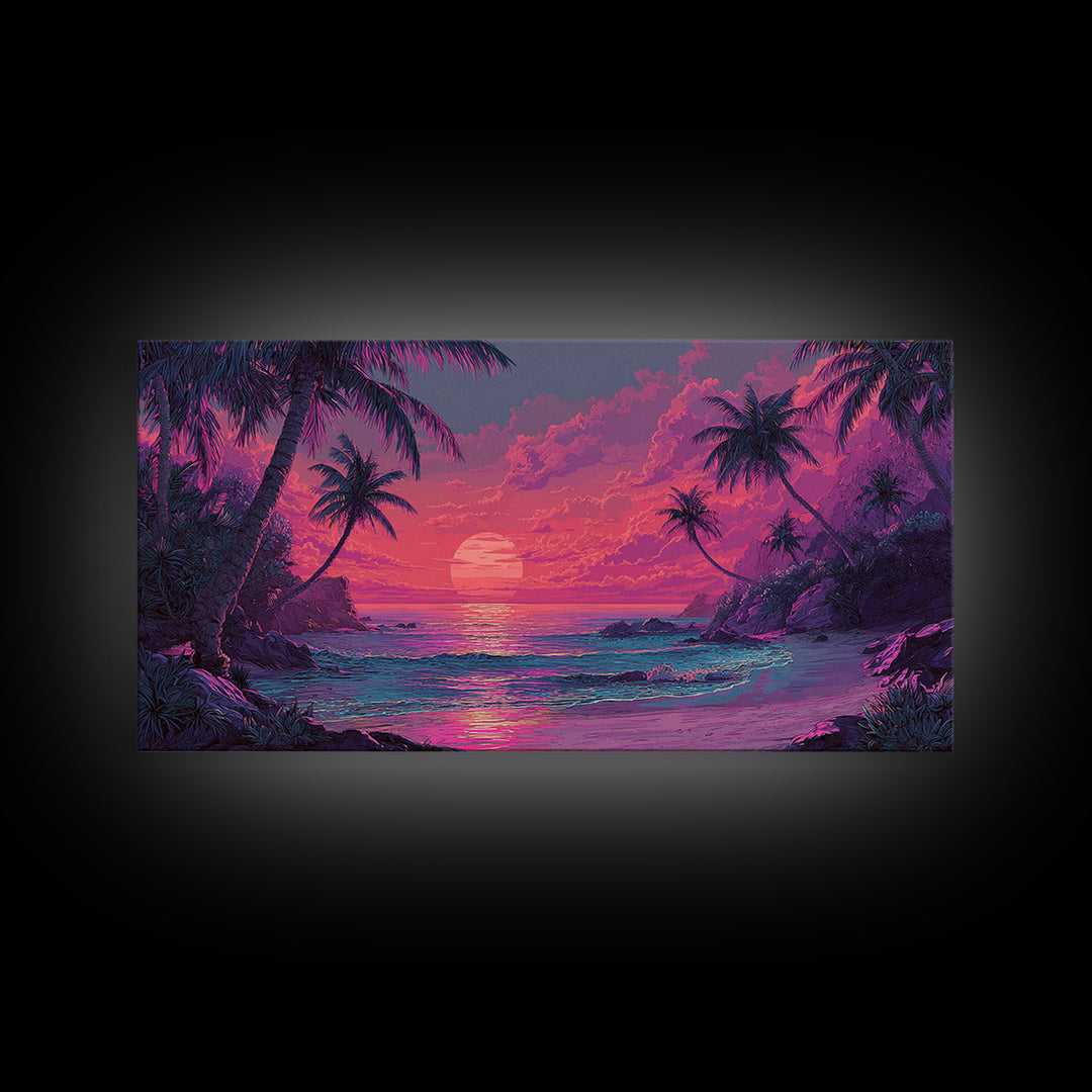 Tropical Pink Sunset Over Quiet Beach With Palm Trees Vibrant Coastal Wall Art Canvas Print For Modern Home Decor