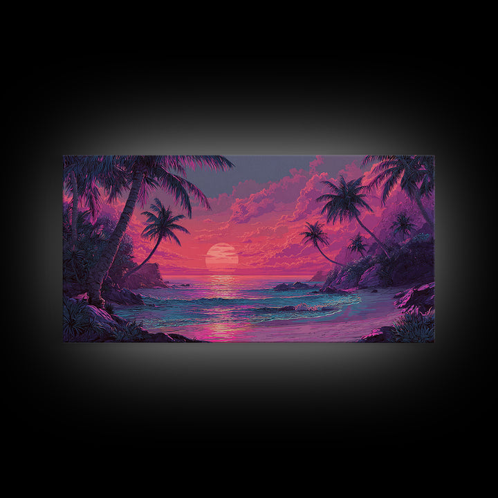 Tropical Pink Sunset Over Quiet Beach With Palm Trees Vibrant Coastal Wall Art Canvas Print For Modern Home Decor