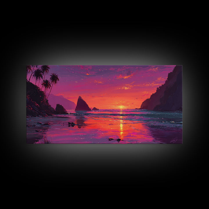 Vibrant Sunset Over Rocky Coastal Landscape Framed Canvas Print Large Wall Art For Modern Living Room And Contemporary Home Decor