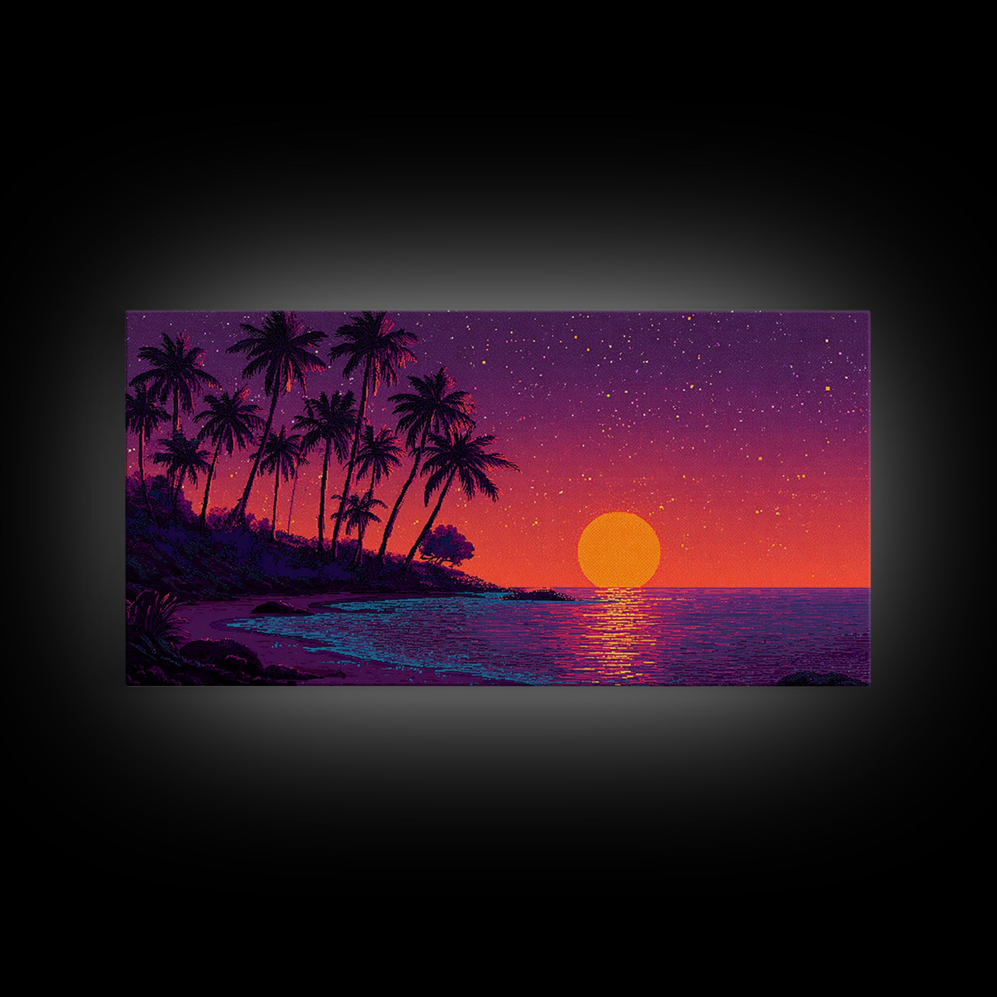 Pixel Art Vibrant Tropical Sunset Beach Scene With Palm Trees Retro Style Wall Art Framed Canvas Print For Coastal Decor