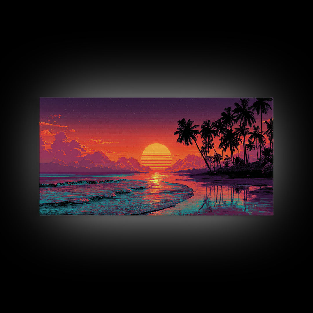 Sunset Tropical Beach Scene With Palm Trees And Calming Ocean Waves Aesthetic Wall Art For Coastal Home Decor