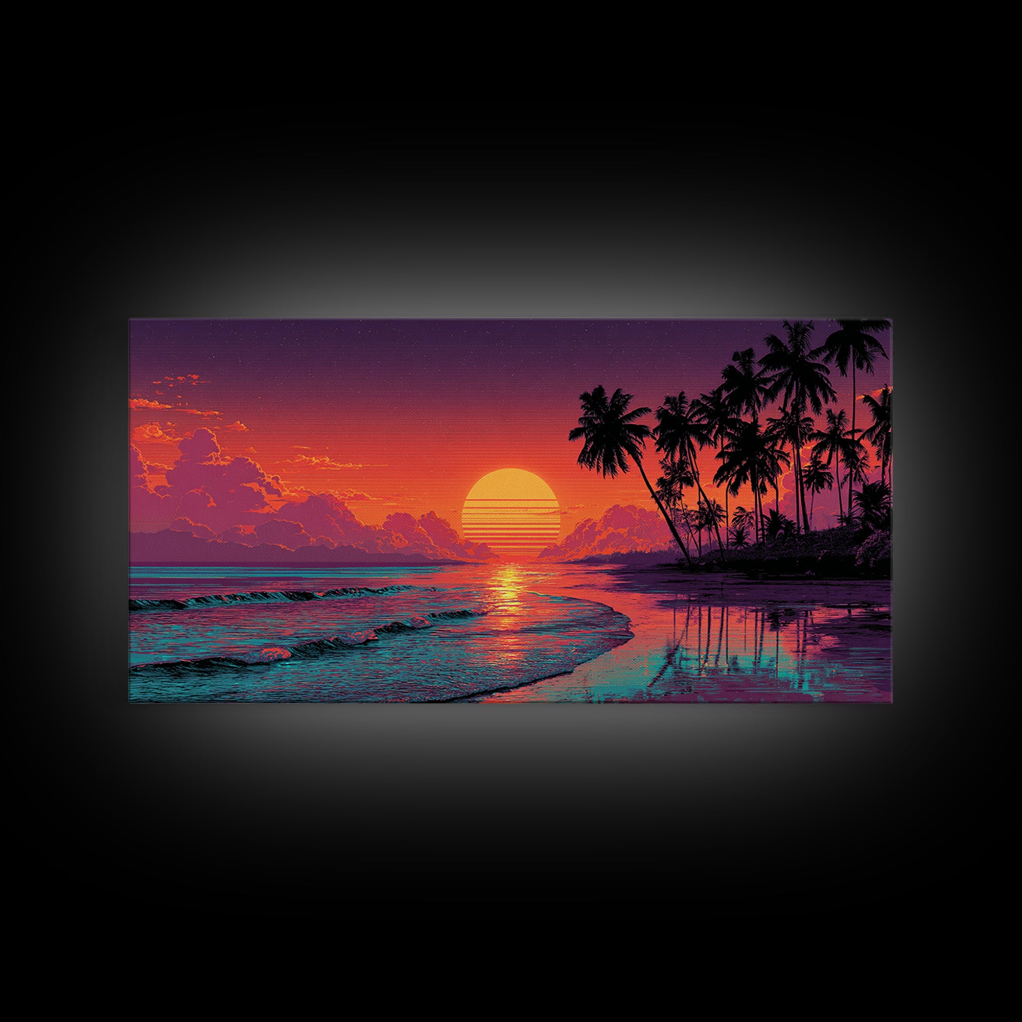 Sunset Tropical Beach Scene With Palm Trees And Calming Ocean Waves Aesthetic Wall Art For Coastal Home Decor