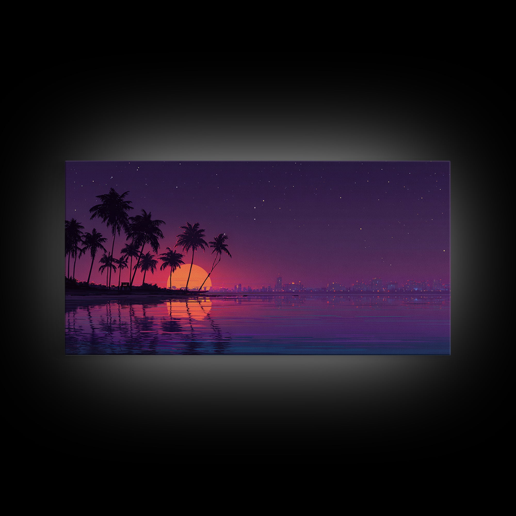 Digital Retro Sunset Beach Scene With Palm Trees Silhouettes Vibrant Coastal Wall Art Modern Wall Art Canvas Print