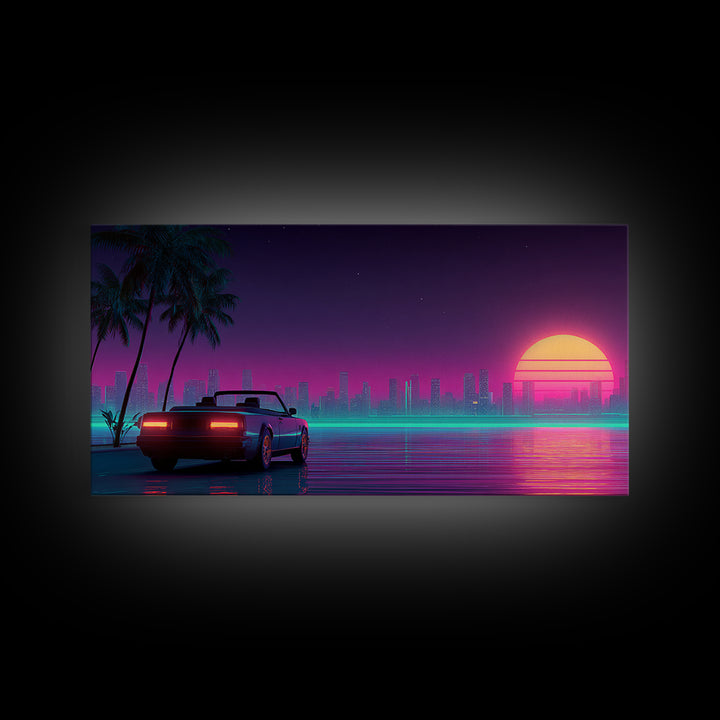 Retro Futuristic Cityscape With Classic Car Neon Colors Digital Art Canvas Print For Living Room Wall Art