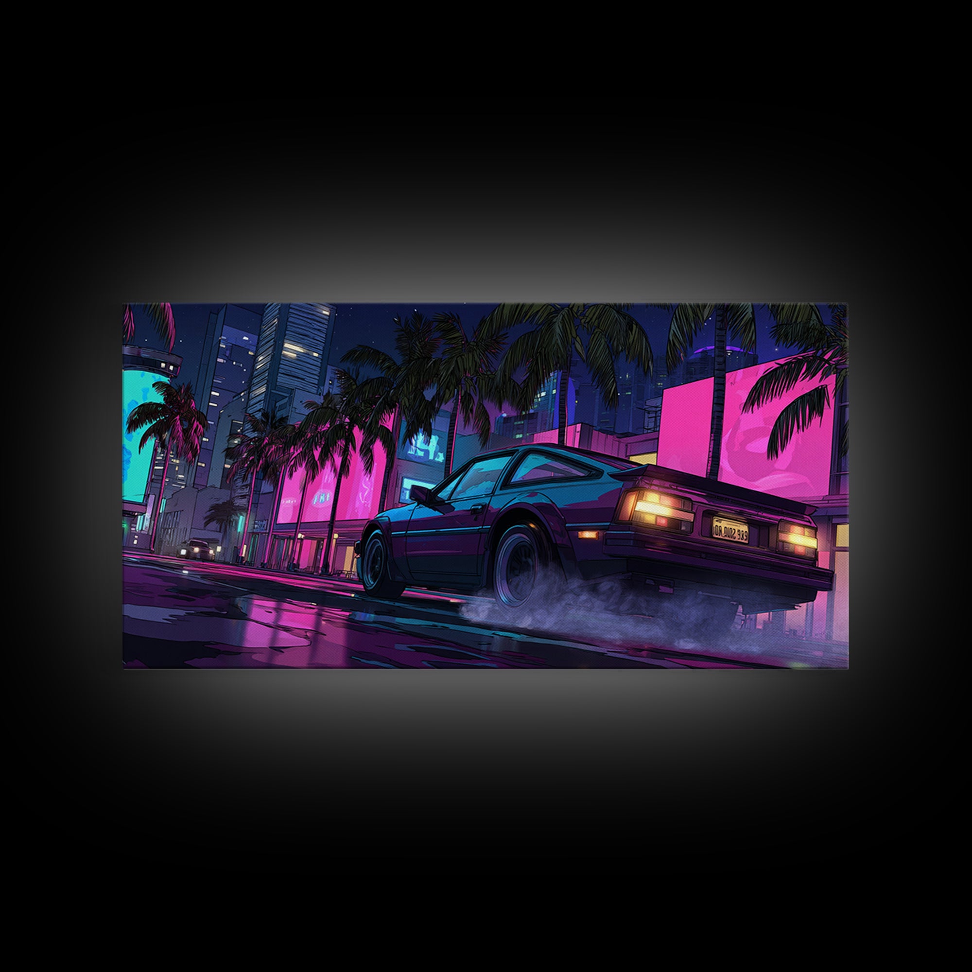 Retro Futurism DeLorean Car In Neon Cityscape Night Urban Wall Art Modern Canvas Print For Office Decor