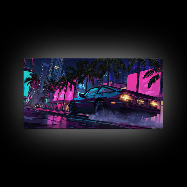 Retro Futurism DeLorean Car In Neon Cityscape Night Urban Wall Art Modern Canvas Print For Office Decor