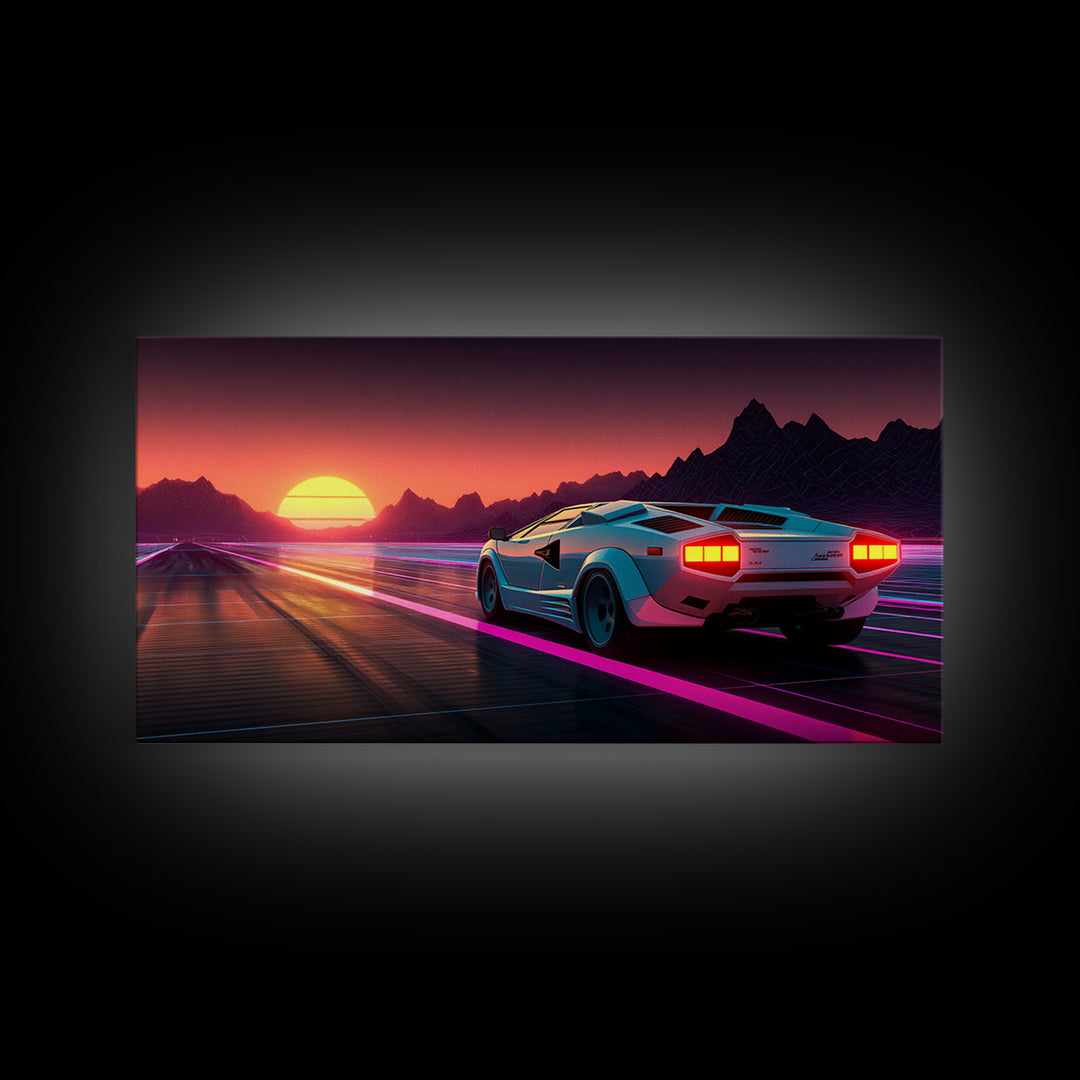 Retro Futuristic Sunset With Sports Car Driving Down Neon Highway Wall Art Print Modern Home Decor Canvas