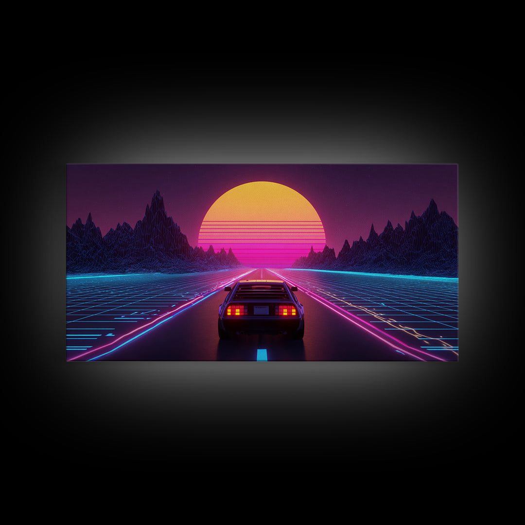 Retro Futuristic DeLorean Car Driving Toward Neon Digital Sun Synthwave Landscape Canvas Print Modern Wall Art For Office Decor