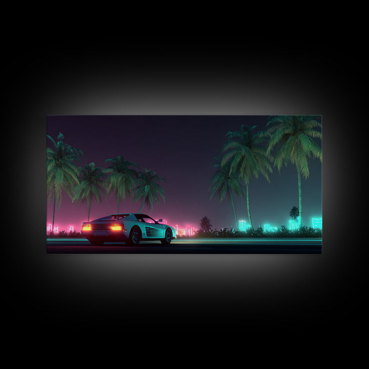 Retro Futuristic Car Neon Night Scene With Palm Trees And City Lights Canvas Print Modern Wall Art For Living Room Decor
