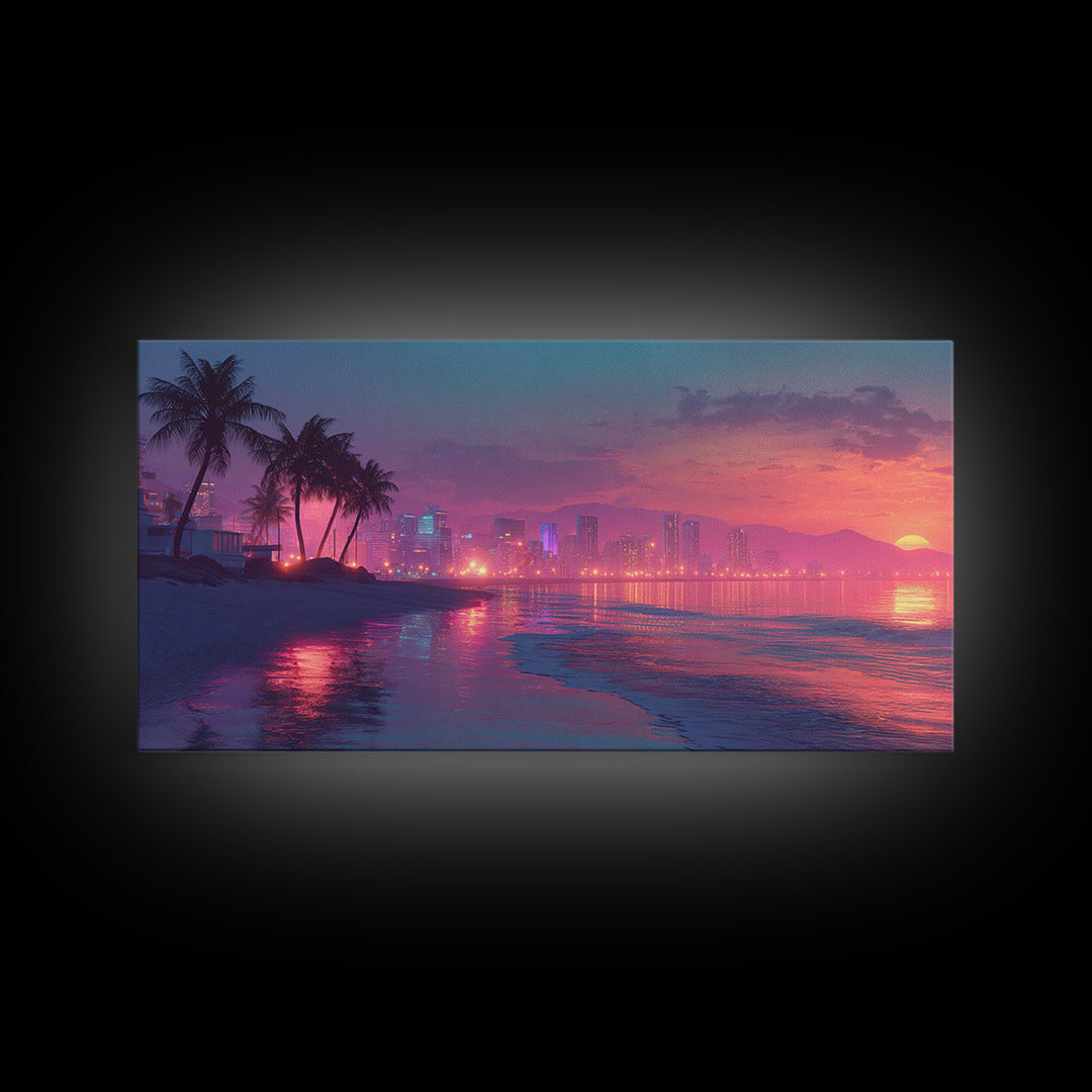 Beautiful Tropical Sunset Over Water With Palm Trees Vibrant Landscape Painting Wall Art Canvas Print