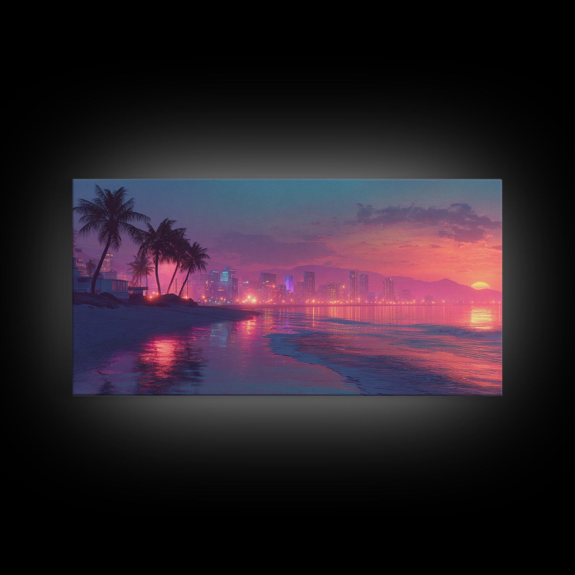 Beautiful Tropical Sunset Over Water With Palm Trees Vibrant Landscape Painting Wall Art Canvas Print