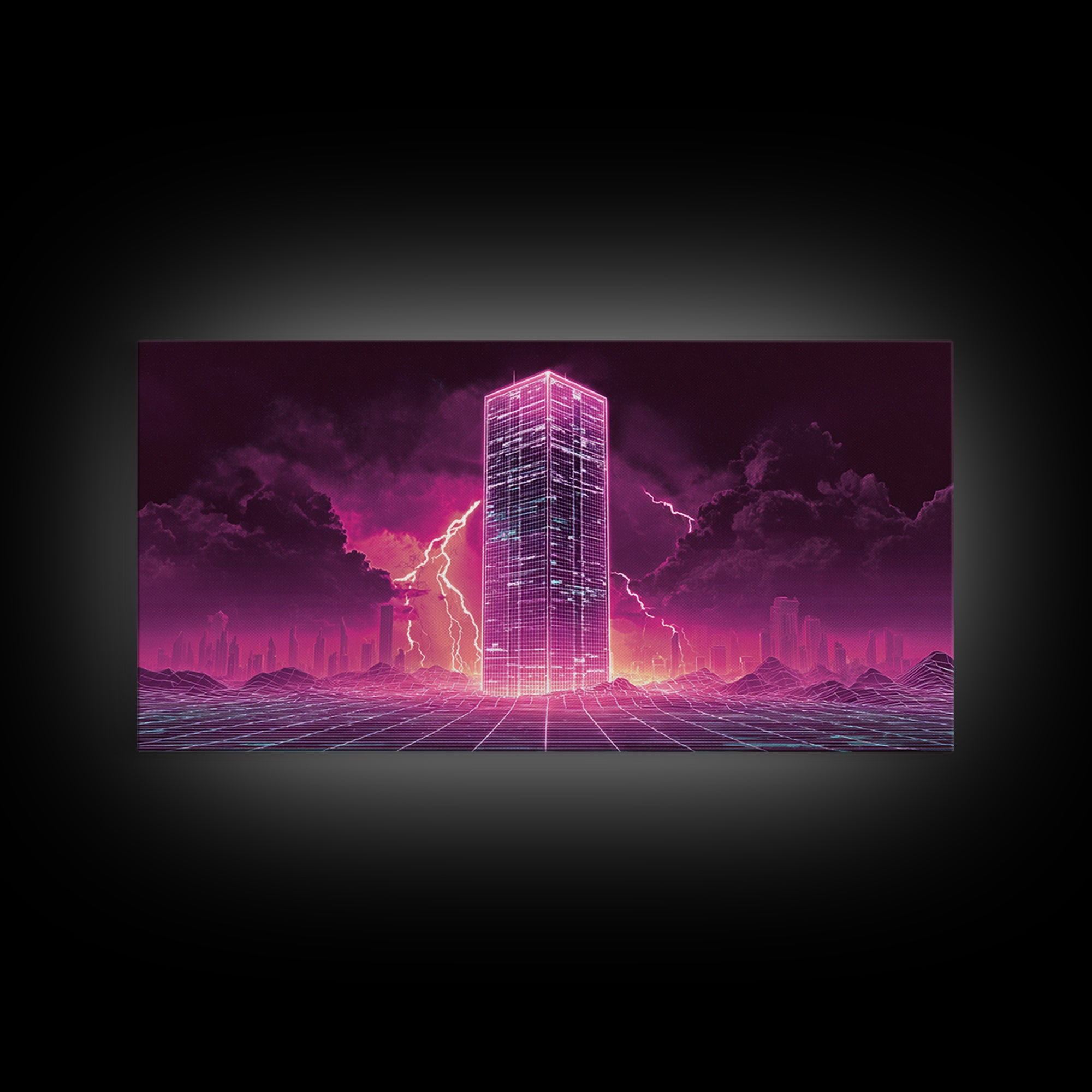 Vibrant Cyberpunk Neon Cityscape With Lightning Night Sky Retro Futuristic Wall Art High Quality Canvas Print