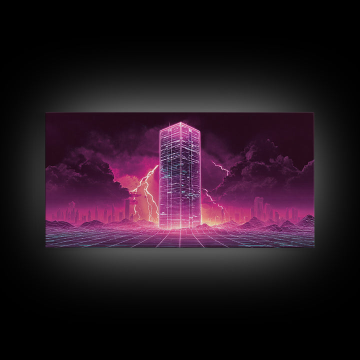 Vibrant Cyberpunk Neon Cityscape With Lightning Night Sky Retro Futuristic Wall Art High Quality Canvas Print