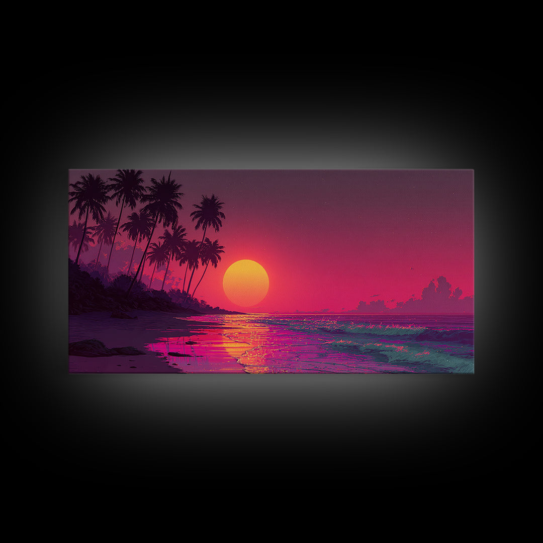 Vibrant Tropical Sunset Over Ocean With Palm Trees Canvas Print Coastal Wall Art Large Contemporary Wall Art For Beach House