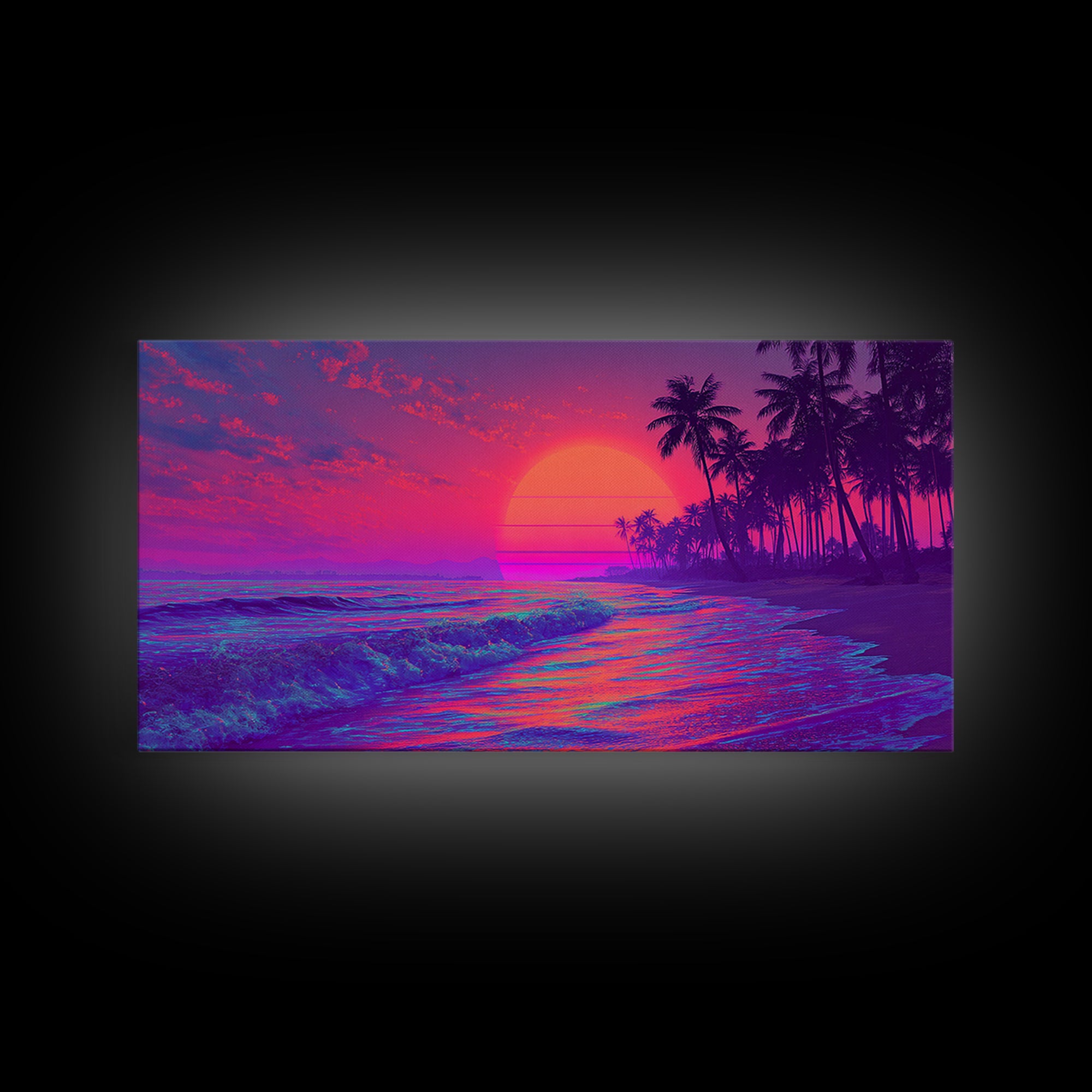 Vibrant Neon Sunset Beach Scene Wall Art With Palm Trees And Pink Purple Sky Canvas Print For Tropical Home Decor