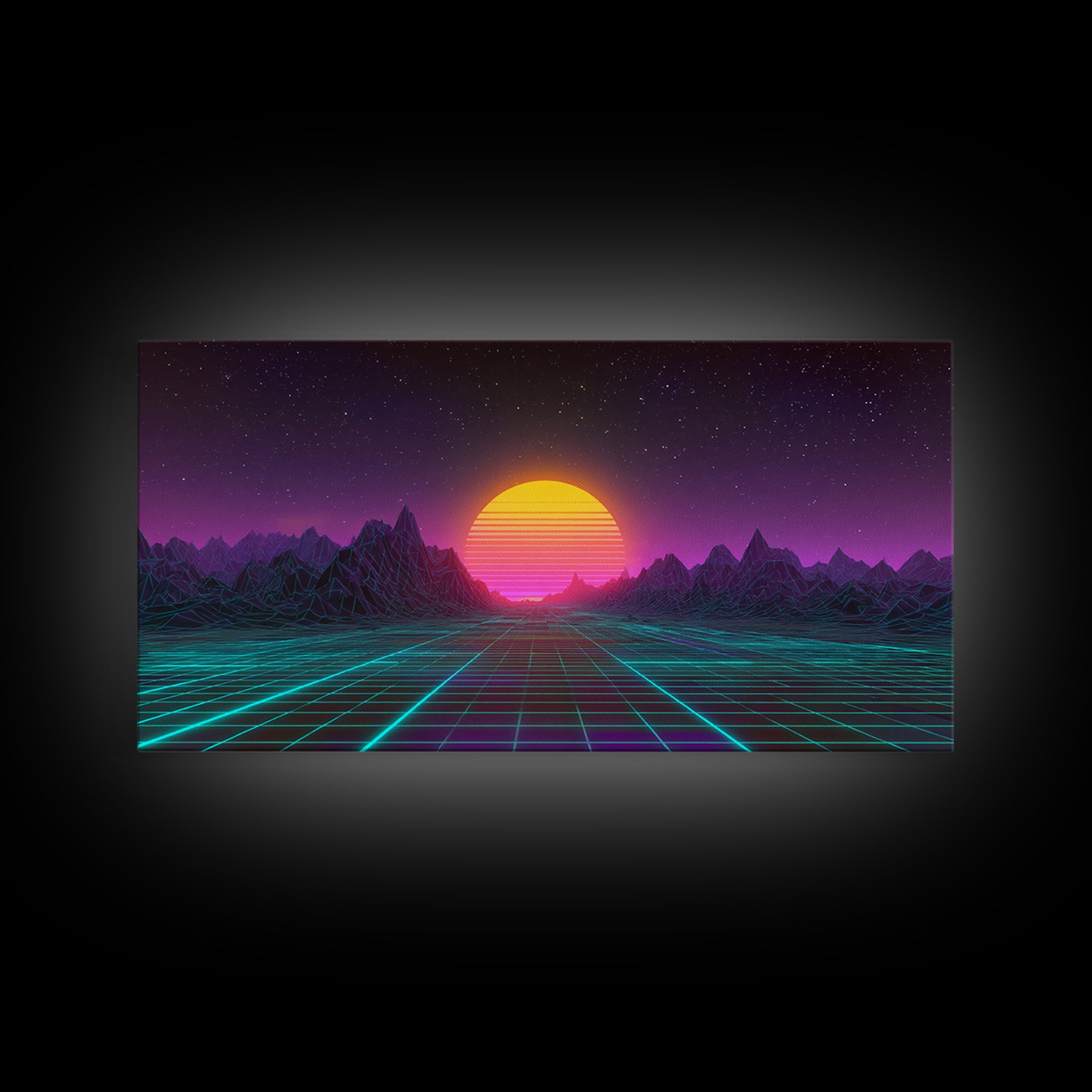 Retro Futuristic Neon Sunrise Over Wireframe Mountain Landscape Digital Artwork Canvas Print Wall Art for Modern Room Decor