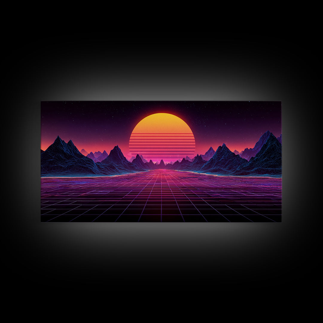 Retro Futuristic Synthwave Landscape With Neon Sun Canvas Print Wall Art For Modern Aesthetic Decor