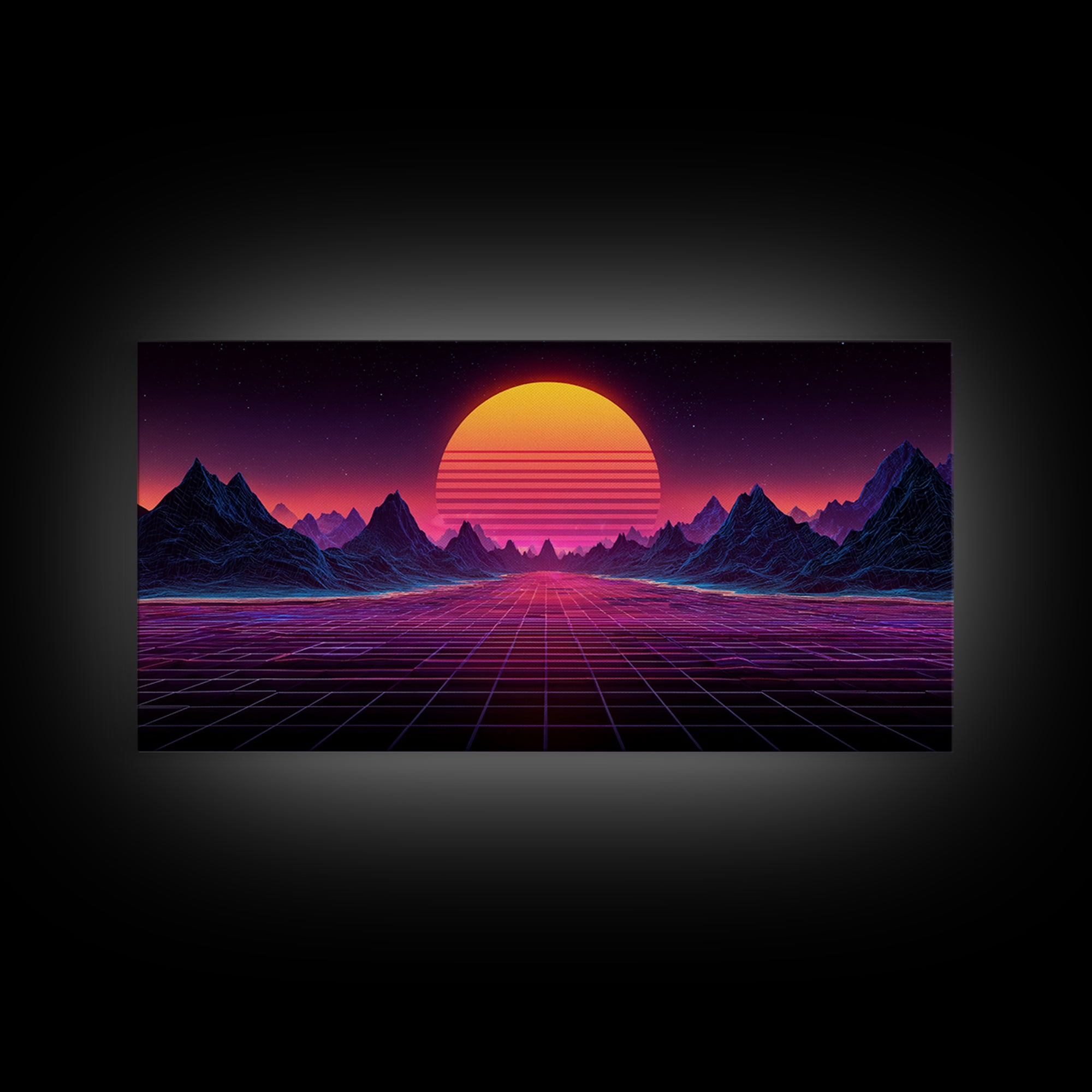 Retro Futuristic Synthwave Landscape With Neon Sun Canvas Print Wall Art For Modern Aesthetic Decor