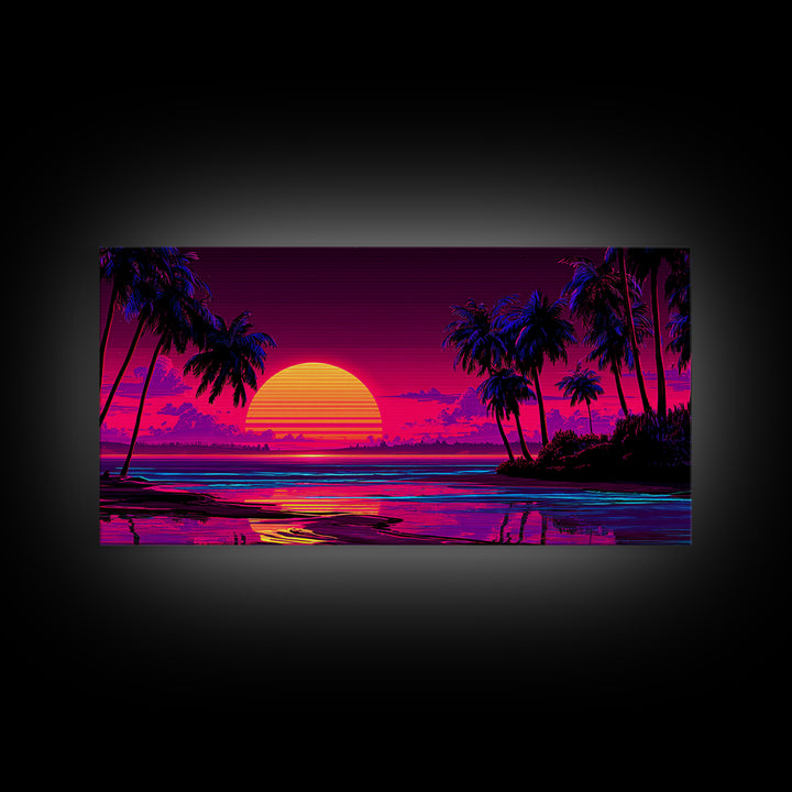 80s Retro Sunset Over Tropical Beach With Palm Trees Vibrant Neon Colors Canvas Print Framed Wall Art Large Wall Art For Living Room