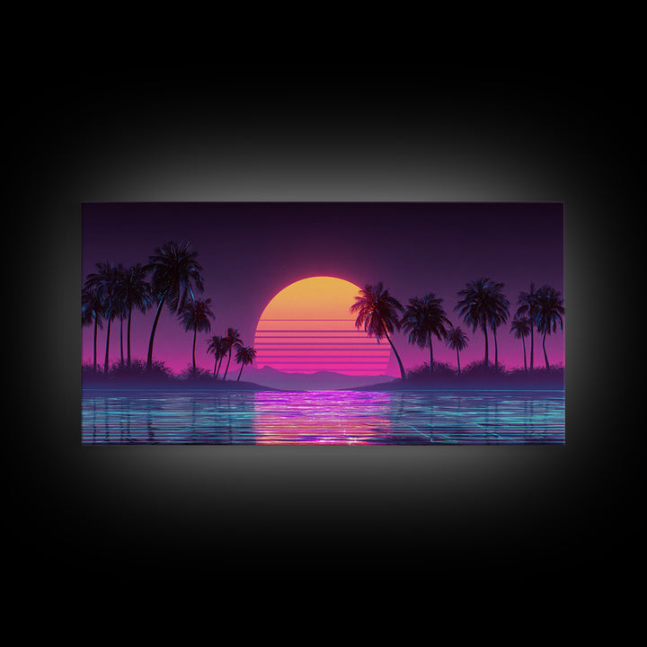 Retro Sunset Beach Scene With Palm Trees And Reflective Water Canvas Print Vibrant Coastal Wall Art