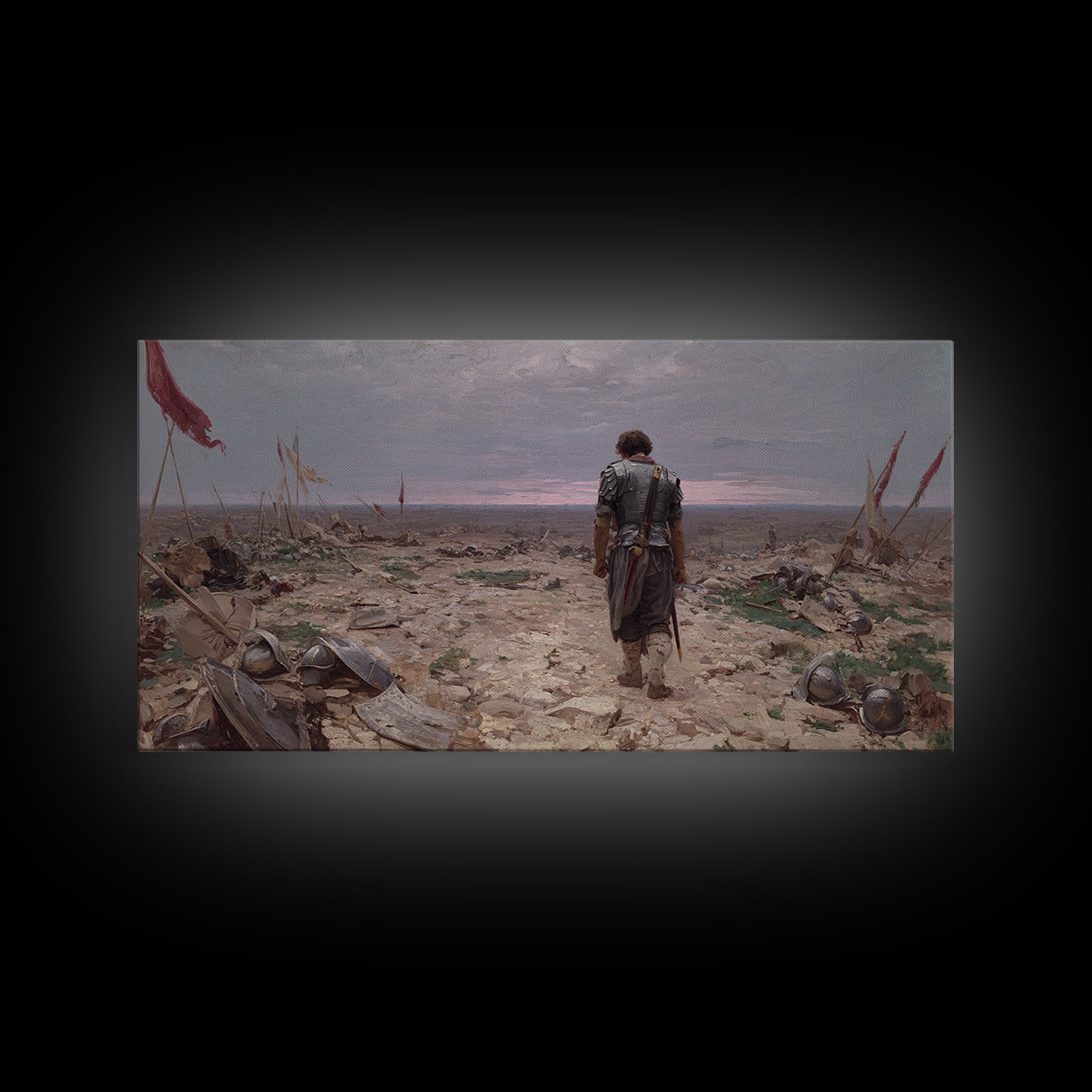 Lone Knight Walking Through Battlefield Wall Art, Medieval Landscape Canvas Print, Dark Academia Office Decor, Gift For Him