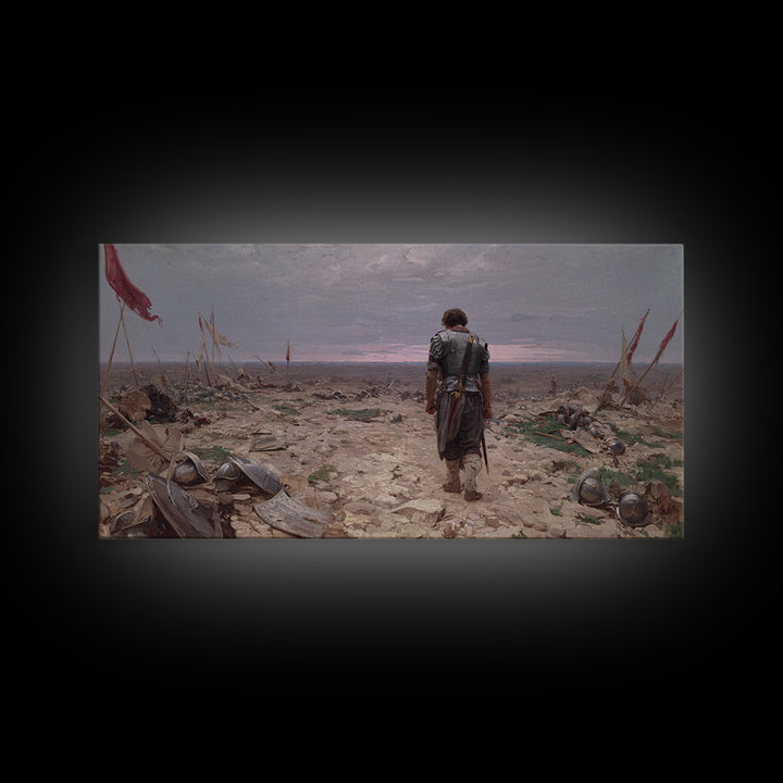 Lone Knight Walking Through Battlefield Wall Art, Medieval Landscape Canvas Print, Dark Academia Office Decor, Gift For Him