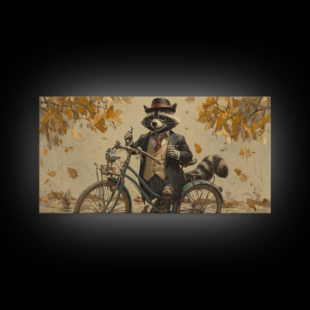 Raccoon Riding Bicycle In Autumn Leaves Wall Art, Whimsical Animal Decor, Funny Woodland Nursery Art, Gift For Her, Kids Room Decor