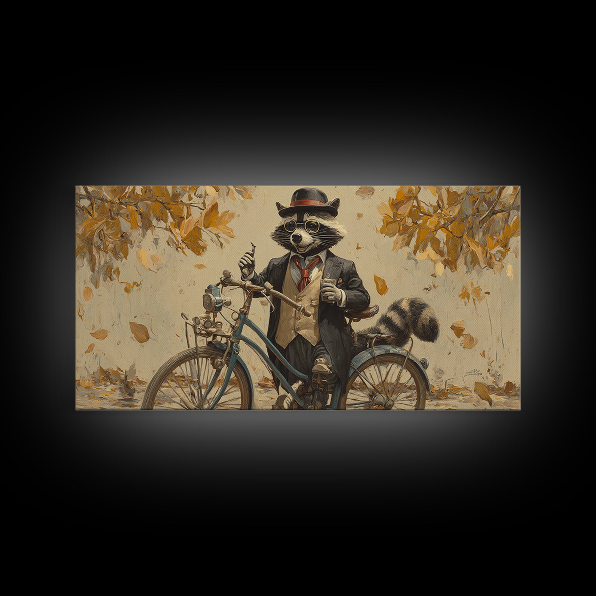 Raccoon Riding Bicycle In Autumn Leaves Wall Art, Whimsical Animal Decor, Funny Woodland Nursery Art, Gift For Her, Kids Room Decor