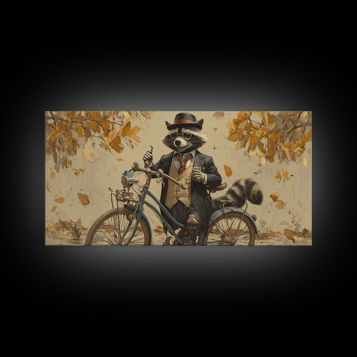 Raccoon Riding Bicycle In Autumn Leaves Wall Art, Whimsical Animal Decor, Funny Woodland Nursery Art, Gift For Her, Kids Room Decor